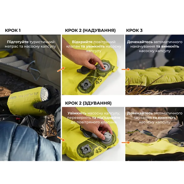 Матрац туристичний самонадувний одномісний Flextail R03 AVS Regular надлегкий, 183х65х7 см з насосною капсулою AVS, зелений — Photo 4